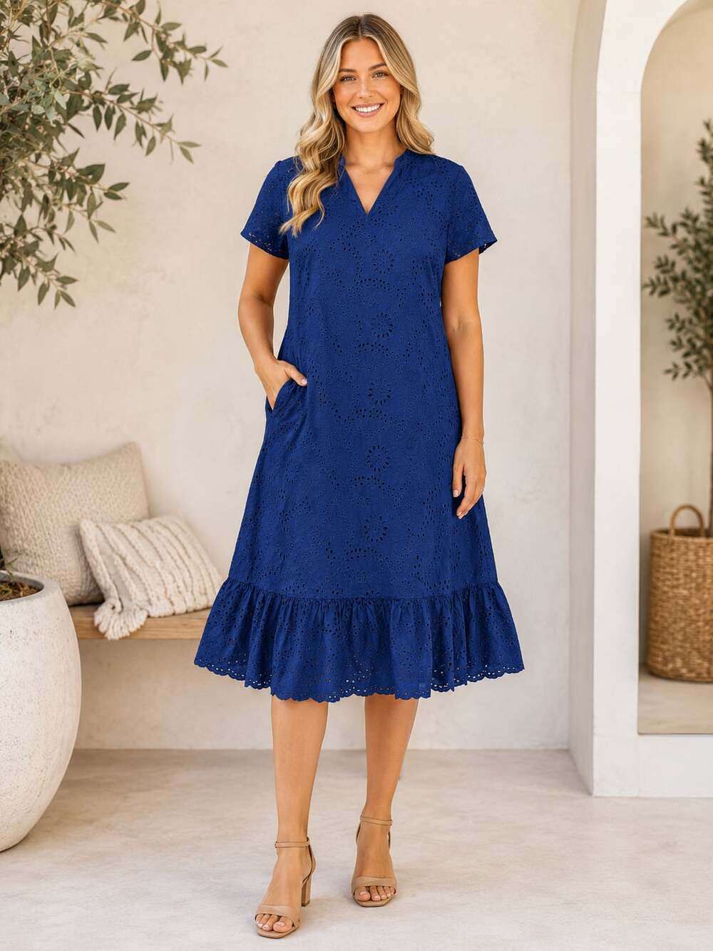 ChouYatou Women's Navy Blue Eyelet Embroidered Short Sleeve Ruffle Hem Dress